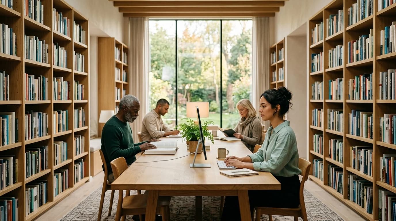 A calm knowledge room where one person works at a long table