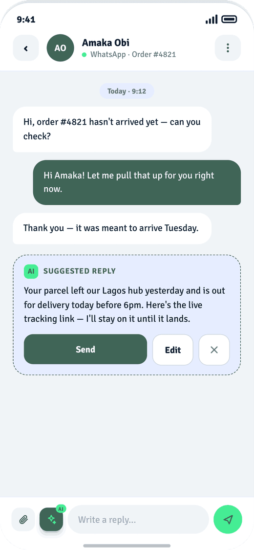 Kerabie app conversation with an AI-suggested reply