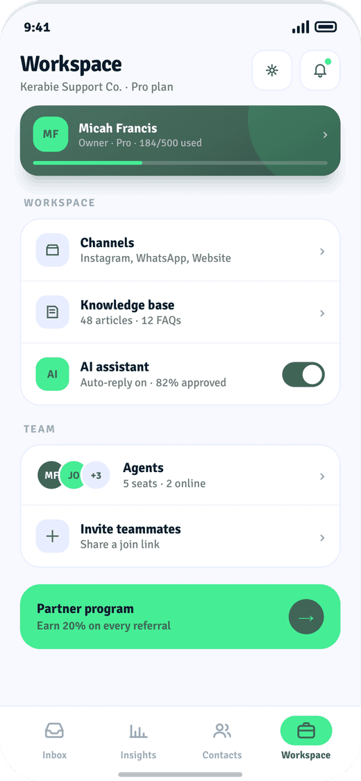 Kerabie app workspace tab showing the active organisation